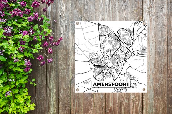 Tuinposter 50x50 cm - Tuindecoratie Kaart - Amersfoort - Zwart - Wit - Poster voor in de tuin - Buiten decoratie - Schutting tuinschilderij - Tuindoek muurdecoratie - Wanddecoratie balkondoek