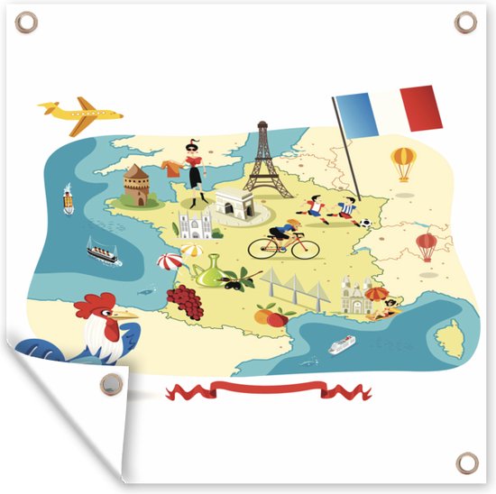 Tuin poster Geïllustreerde kaart van Frankrijk - 200x200 cm - Tuindoek - Buitenposter