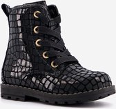 TwoDay leren meisjes croco veterboots - Zwart - Maat 25 - Echt leer
