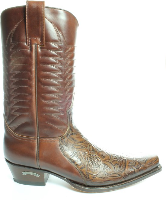 Sendra Boots 5907 Bruin Heren Cowboy Western Laarzen Handgemaakt Reliëf Bloemmotief Verkort Spitse Neus Iets Schuine Hak Rechte Schacht Pull Loops Echt Leer Maat 40