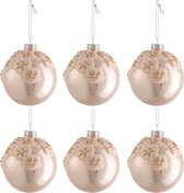 Box of 6 christmas baubles flowers glass shiny light pink small