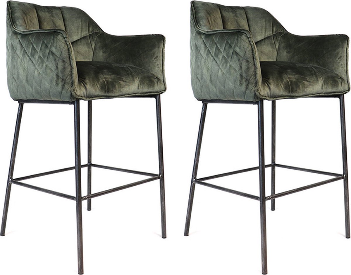 Bronx71® Velvet barkruk Jayron groen 82 cm - Barkrukken set van 2 - barstoel
