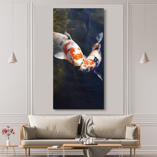 Canvas schilderij 80x160 cm - Wanddecoratie Twee koi karpers in het water - Muurdecoratie woonkamer - Slaapkamer decoratie - Kamer accessoires - Schilderijen op canvas