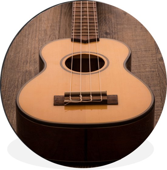 WallCircle - Wandcirkel - Muurcirkel - Akoestische gitaar op een houten tafel - Aluminium - Dibond - 140x140 cm - Binnen en Buiten