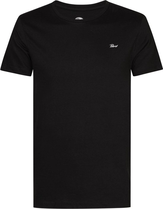 Zwarte regular fit T-shirt met korte mouwen en een kleine witte 'Petrol' tekst opdruk op de linkerborst.