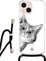 iPhone 13 hoesje met koord - Kiekeboe kat | Apple iPhone 13 crossbody case | Zwart, Transparant | Marmer