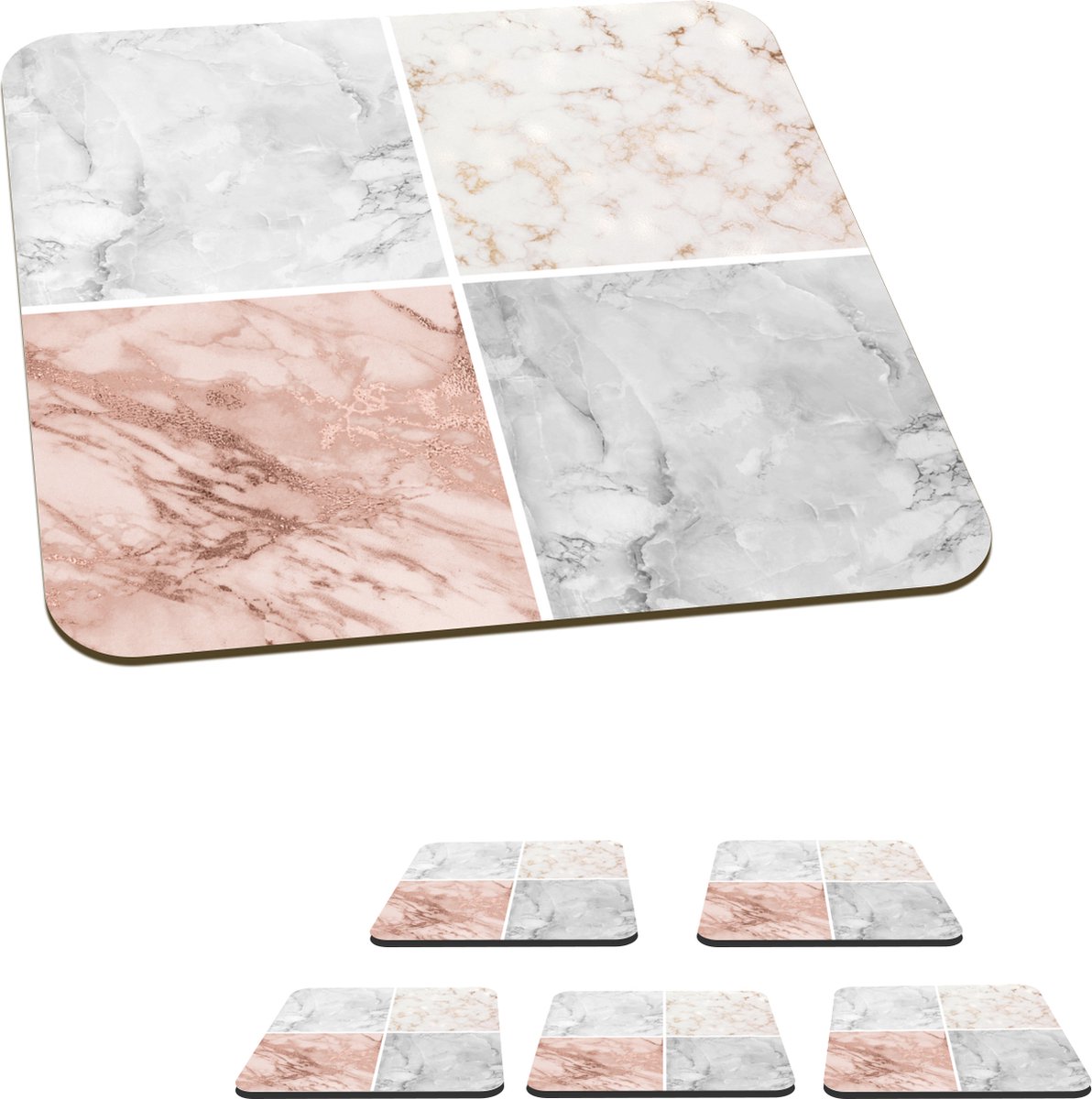 Onderzetters voor glazen - Marmer - Rosé - Chic - Collage - 10x10 cm - Glasonderzetters - 6 stuks
