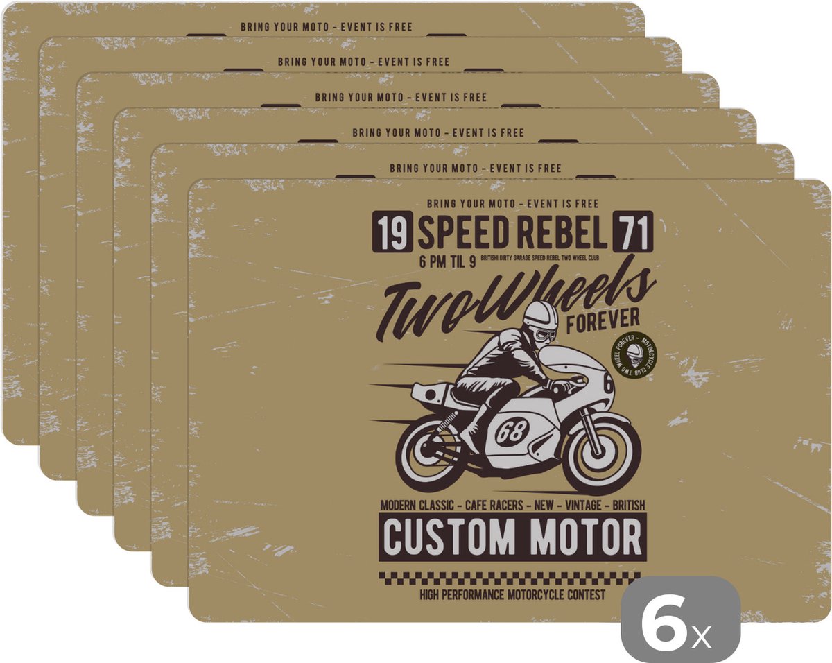 Placemat - Placemats kunststof - Motor - Vintage - Tekening - Quote - 45x30 cm - 6 stuks - Hittebestendig - Anti-Slip - Onderlegger - Afneembaar