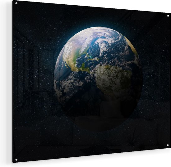Artaza Glasschilderij - De Aarde Vanuit De Ruimte - 100x80 - Groot - Plexiglas Schilderij - Foto op Glas