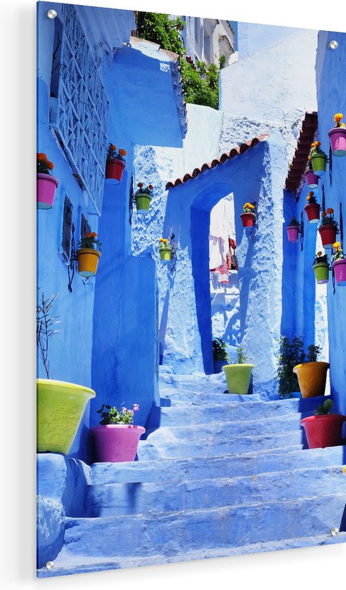 Artaza Glasschilderij - Blauwe Huizen met Bloempotten in Chefchaouen, Marokko - Plexiglas Schilderij - Foto op Glas