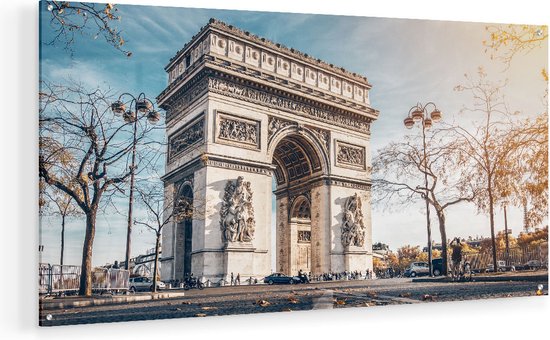 Artaza Glasschilderij - Arc De Triomphe In Parijs Tijdens De Herfst - 90x45 - Plexiglas Schilderij - Foto op Glas