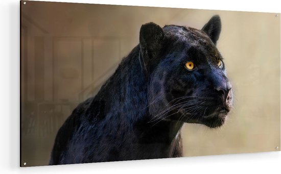 Artaza Glasschilderij - Zwarte Panter Met Oranje Ogen - 120x60 - Groot - Plexiglas Schilderij - Foto op Glas