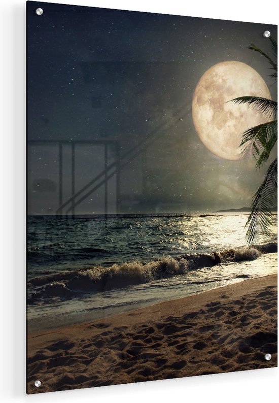 Artaza Glasschilderij - Tropisch Strand In De Nacht Met Volle Maan - 40x50 - Plexiglas Schilderij - Foto op Glas