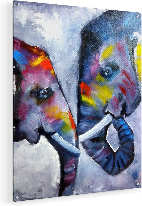 Artaza Glasschilderij - Twee Getekende Olifanten - Abstract - Plexiglas Schilderij - Foto op Glas
