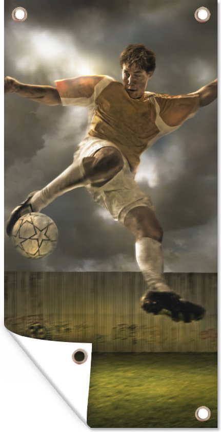 Tuinposter Een illustratie van een voetballer die tegen de bal schopt - Jongens - Jongetje - Kids - 40x80 cm - Wanddecoratie Buiten - Tuinposter - Tuindoek - Schuttingposter - Tuinschilderij
