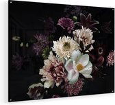 Artaza Glasschilderij - Diverse Bloemen Op Zwart Achtergrond - 100x75 - Groot - Plexiglas Schilderij - Foto op Glas