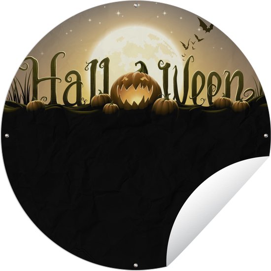 Tuincirkel De letters van Halloween verlicht door de volle maan in een illustratie - 60x60 cm - Ronde Tuinposter - Buiten
