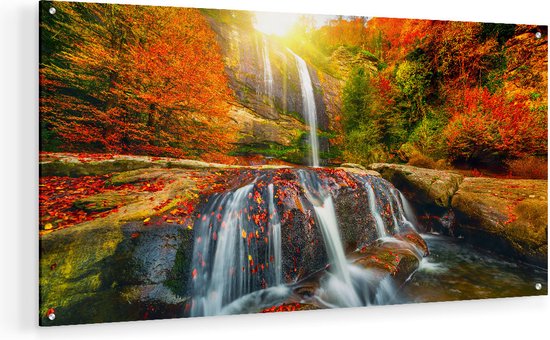 Artaza Glasschilderij - Waterval In De Herfst Kleuren - 80x40 - Plexiglas Schilderij - Foto op Glas