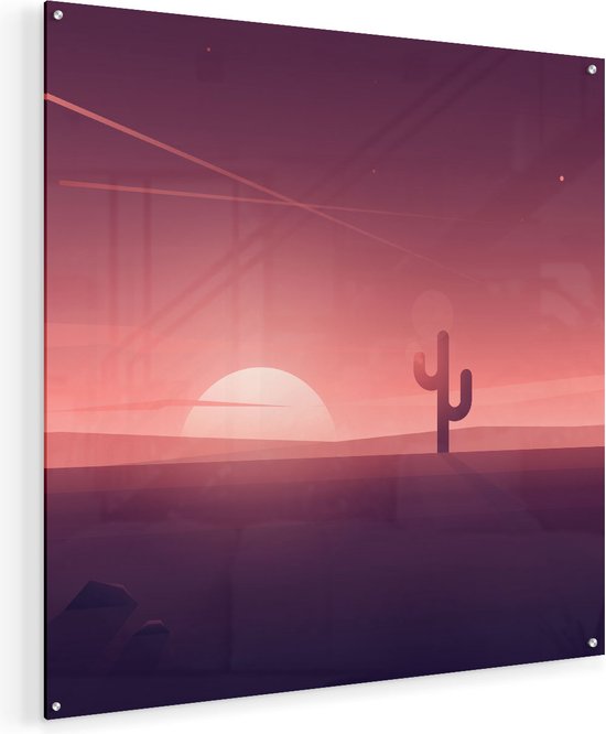 Artaza Glasschilderij - Zonsondergang In De Woestijn Met Een Cactus - 70x70 - Plexiglas Schilderij - Foto op Glas