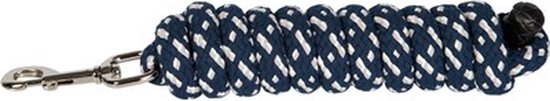Donkerblauw halstertouw met witte stippenpatroon en zilverkleurige karabijnhaak.
