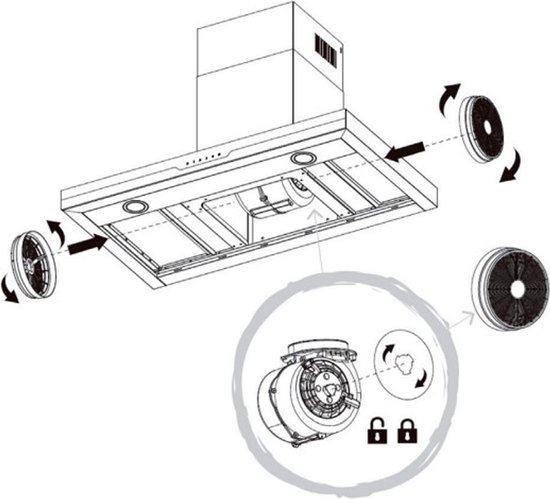 Illustratie toont hoe twee koolfilters in een afzuigkap worden gemonteerd. Een zoom toont de motor.