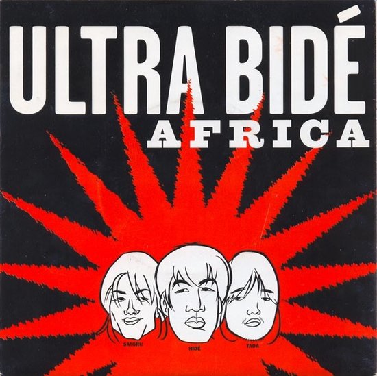 Albumhoes met de tekst ULTRA BIDE AFRICA, en drie getekende gezichten op een rode explosie.