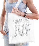 Glitter Super Juf katoenen tas wit met steentjes/ rhinestones voor dames - Lerares cadeau / verjaardag tassen - kado /  tasje / shopper