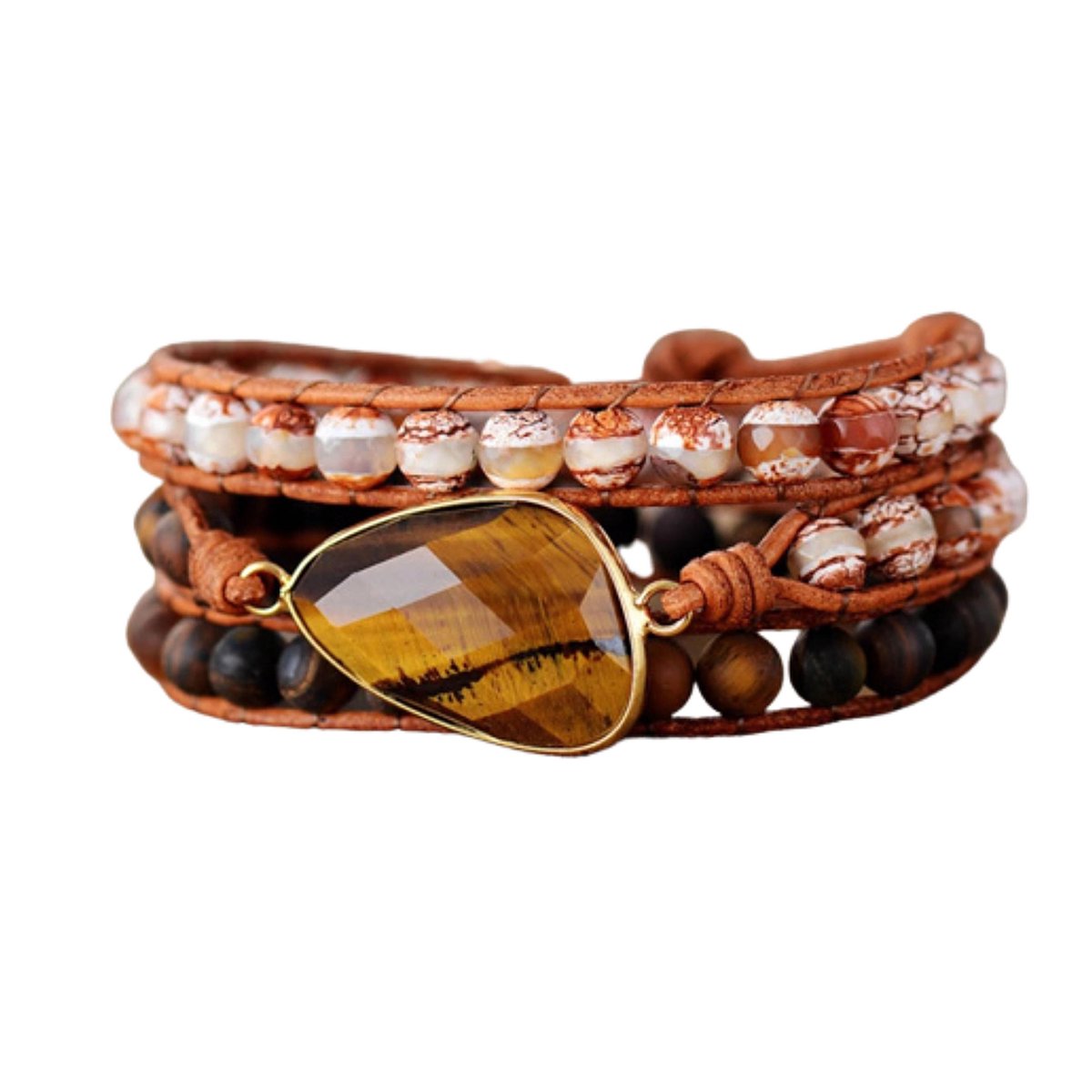 Marama - wikkelarmband Tigress - bruin leer - edelsteen tijgeroog - 50 cm - one size fits all - cadeautje voor hem en haar