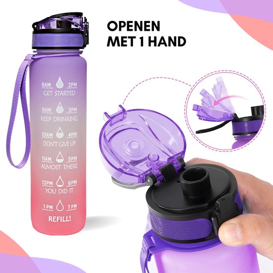 LaCardia Motivatie Waterfles 1 Liter - Drinkfles met Fruitfilter & Tijdmarkering - BPA vrij - Drinkbus Voor Kinderen en Volwassenen - Sportfles & Travel mug - Paars Oranje