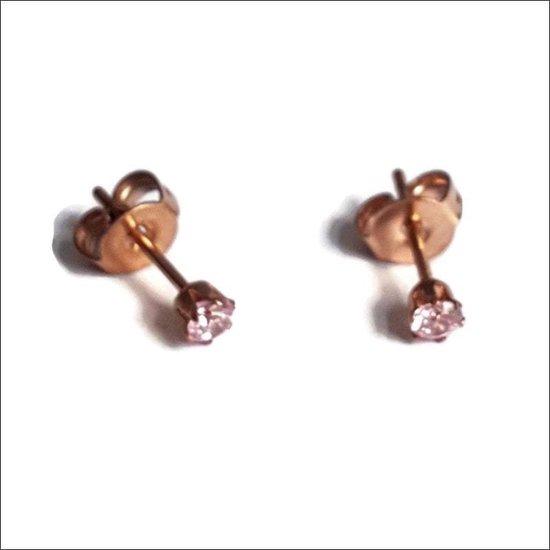 Aramat jewels ® - Zweerknopjes rond zirkonia rosékleurig roze staal 3mm