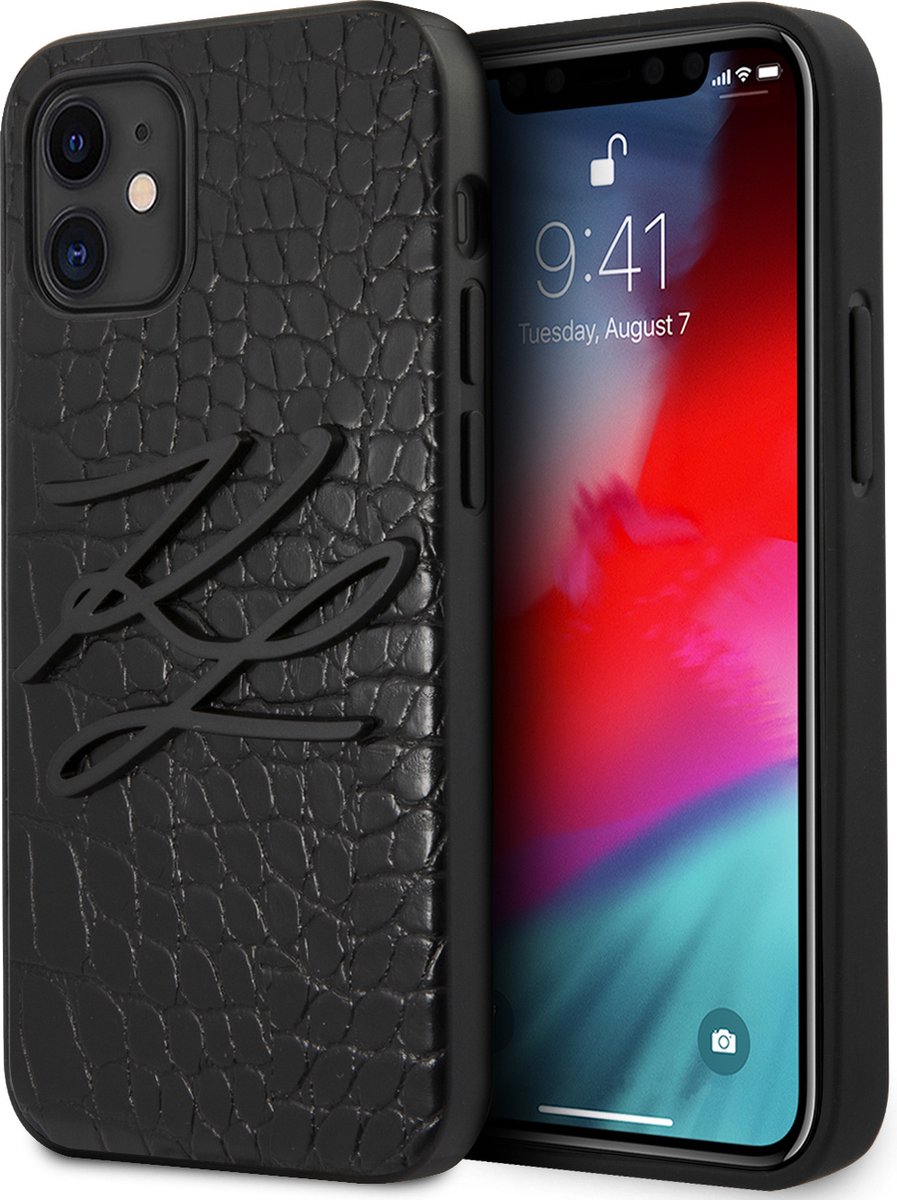 Zwart hoesje van Karl Lagerfeld - Backcover - iPhone 12 Mini - Croco Signature