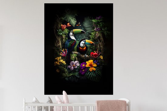 Muurstickers - Sticker Folie - Toekan - Bloemen - Tropisch - Jungle - Vogel - 90x120 cm - Plakfolie - Muurstickers Kinderkamer - Zelfklevend Behang - Zelfklevend behangpapier - Stickerfolie