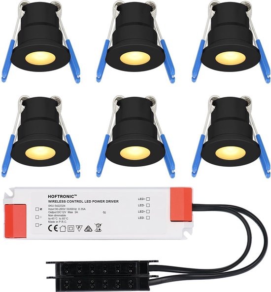 HOFTRONIC – Set van 6 Milano – LED zwarte Inbouwspots badkamer IP65 12V – 2700K Warm wit licht – Met Trafo – Plug & Play