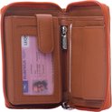 Bruine portemonnee met oranje rits, open, met eurobiljetten en Nederlandse rijbewijs.