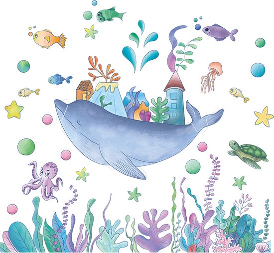Muursticker Cartoon Koraal en Walvis / Onderwaterwereld - Kinderkamer - Jongenskamer - Muurdecoratie - Wandsticker - Sticker Voor Kinderen 30×90CM*2