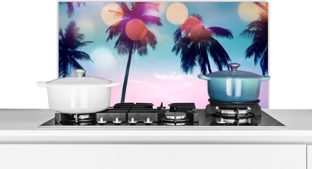 Spatscherm keuken 90x45 cm - Kookplaat achterwand Zomer - Palmen - Lucht - Roze - Muurbeschermer - Spatwand fornuis - Hoogwaardig aluminium