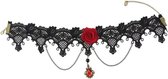Choker zwart kant met kettinkjes, roos en rode steen - collar ketting victoriaans sexy zwarte