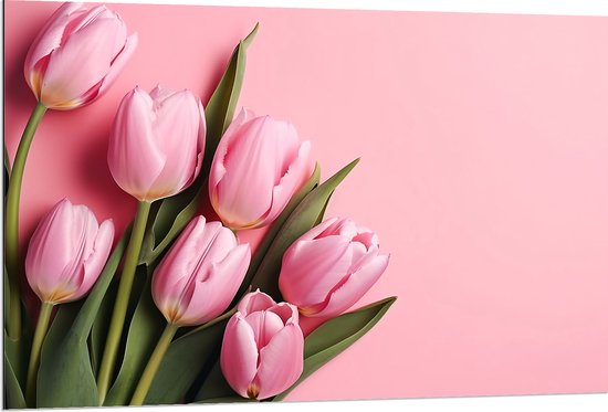 Dibond - Boeket van Roze Tulpen Liggend op Roze Oppervlak - 120x80 cm Foto op Aluminium (Met Ophangsysteem)