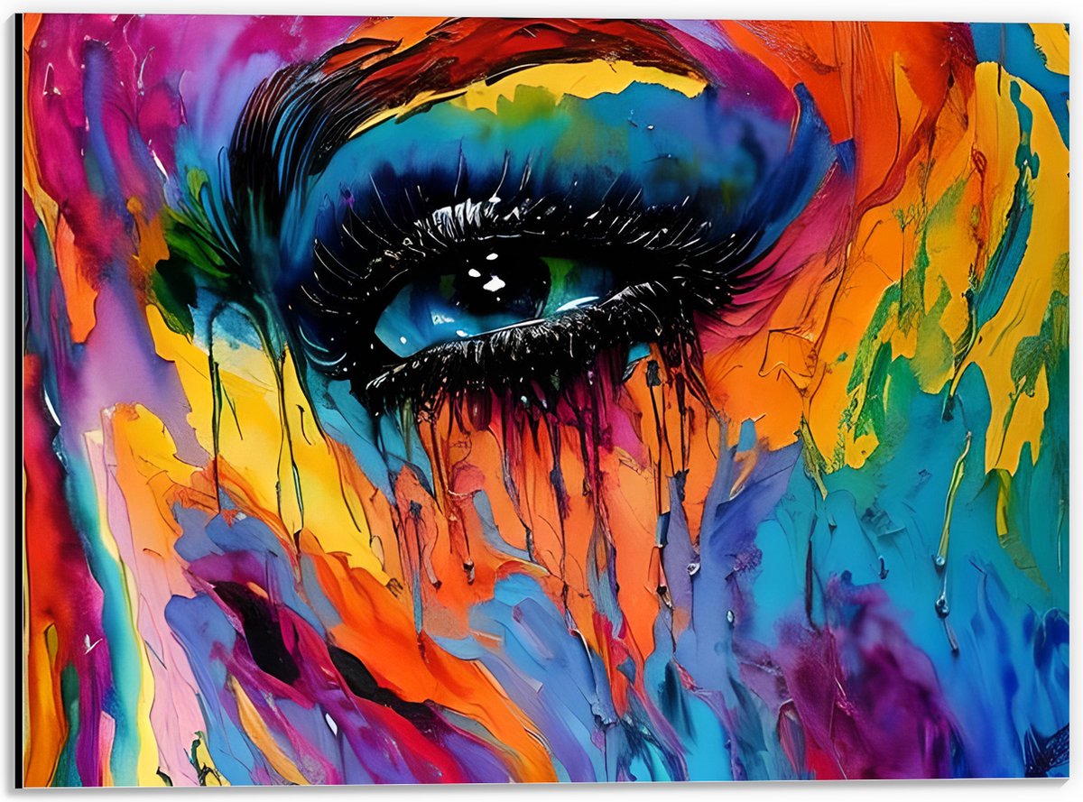 Dibond - Acrylverf Schilderij van Deel van Regenboogkleurig Gezicht - 40x30 cm Foto op Aluminium (Met Ophangsysteem)