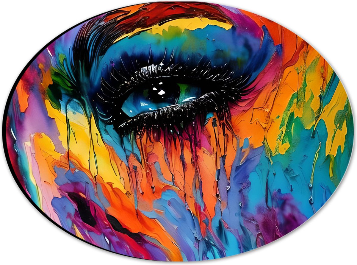 Dibond Ovaal - Acrylverf Schilderij van Deel van Regenboogkleurig Gezicht - 28x21 cm Foto op Ovaal (Met Ophangsysteem)