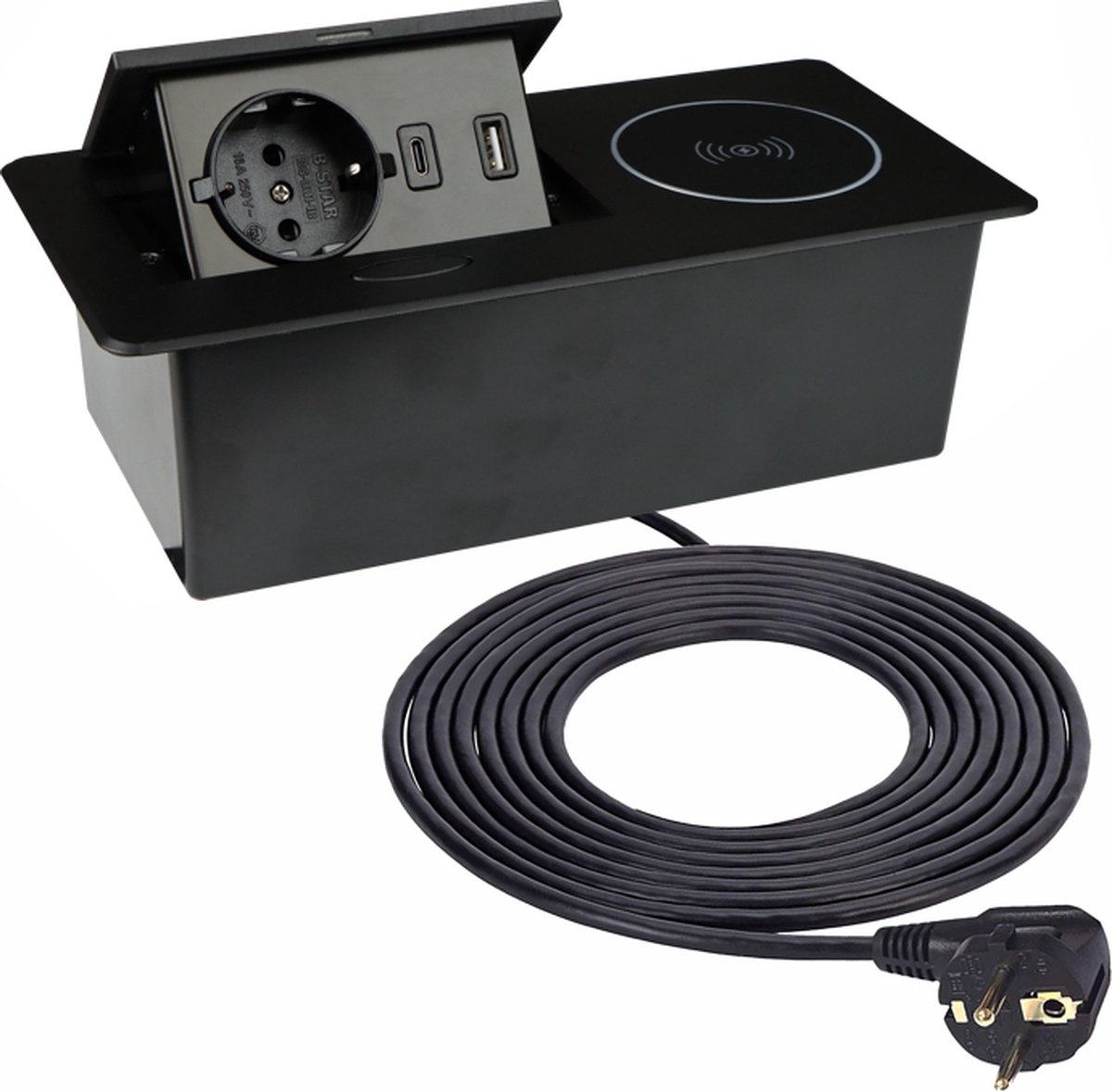 Design Light Zeobox - Stekkerdoos met USB A & C - Qi laadstation - Inbouw Stekkerblok met 1.5 meter kabel - Zwart