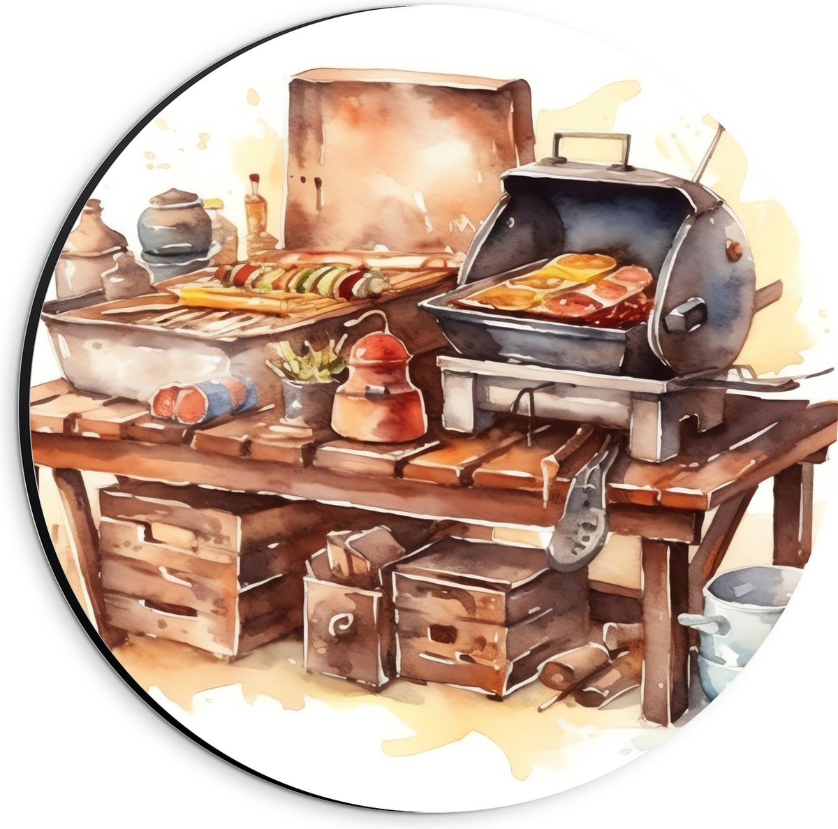 Dibond Muurcirkel - Waterverf Tekening met Barbecue en Eten - 20x20 cm Foto op Aluminium M