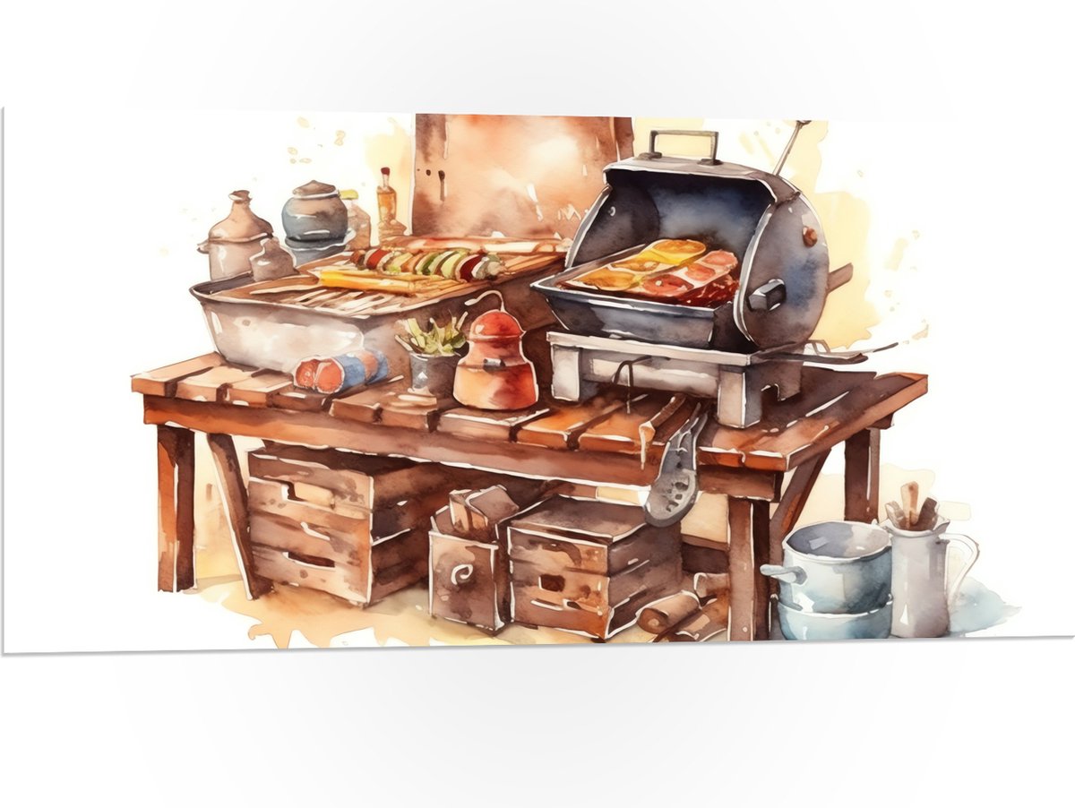 PVC Schuimplaat - Waterverf Tekening met Barbecue en Eten - 100x50 cm Foto op PVC Schuimpl