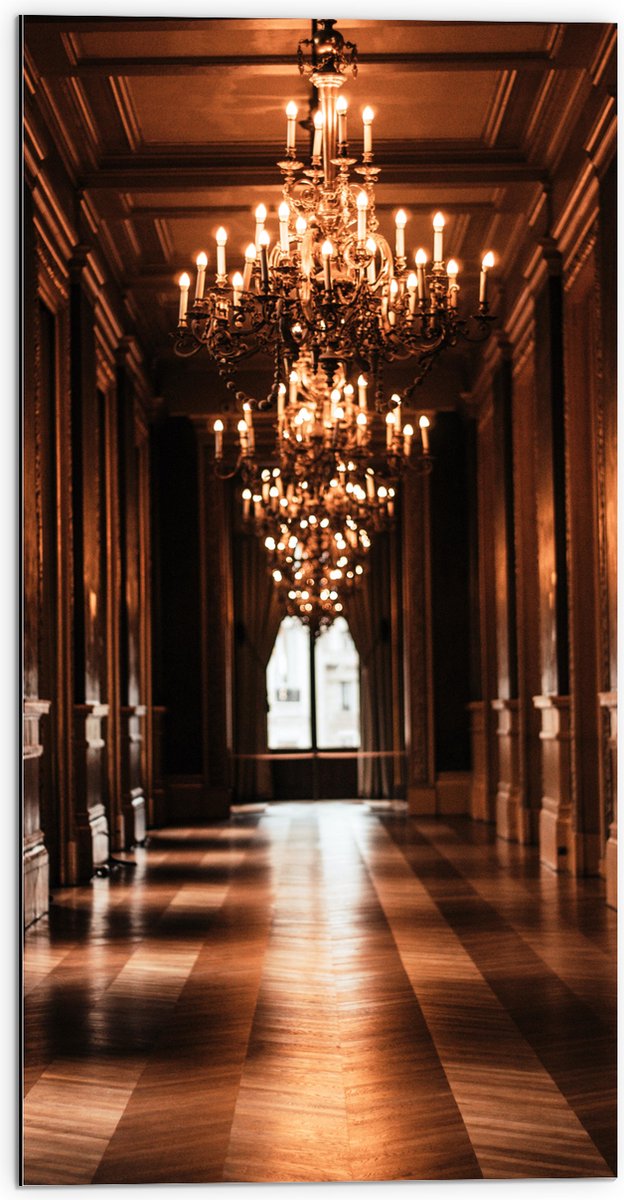 Dibond - Kroonluchter in de Hal - 50x100 cm Foto op Aluminium (Met Ophangsysteem)