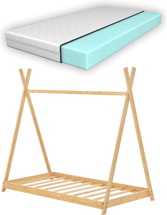 Kinderbed Vinny - Tipi Bed - Met Matras - Bamboe - 70x140 cm - Houtkleurig - Snelle Montage - 200kg draagvermogen