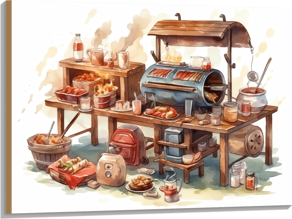 Hout - Tekening van Barbecue - 100x75 cm - 9 mm dik - Foto op Hout (Met Ophangsysteem)