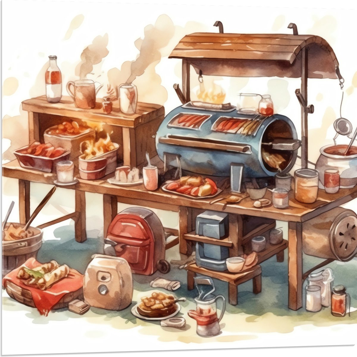 Acrylglas - Tekening van Barbecue - 80x80 cm Foto op Acrylglas (Met Ophangsysteem)