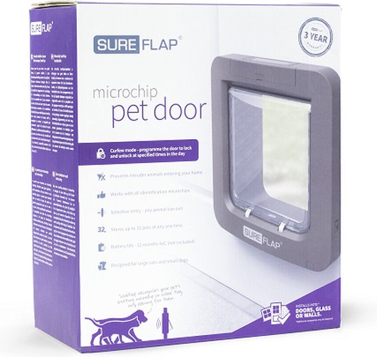 Verpakking van een SureFlap microchip huisdierluik met afbeeldingen van een kat en hond.