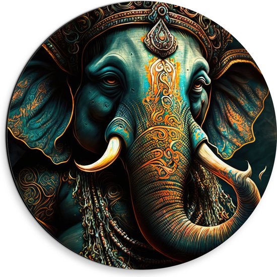 Dibond Muurcirkel - Blauw Ganesha Beeld met Gouden Details - 30x30 cm Foto op Aluminium Muurcirkel (met ophangsysteem)