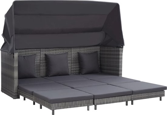 vidaXL - Slaapbank - met - luifel - 3-zits - verlengbaar - poly - rattan - grijs